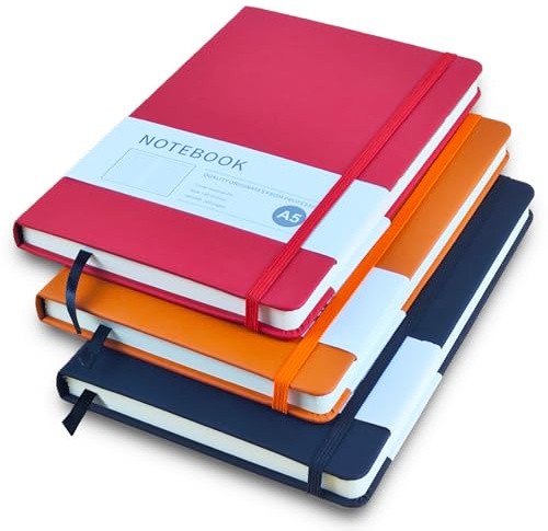 AUMAYCO Notizbuch A5, 3 Stück Hardcover Journal Notizbücher Liniert mit 200 Seiten, Kunstlederbezug mit Elastischem Verschlussband für Schule, Büro, Schreiben (Schwarz+Rot+Orange)
