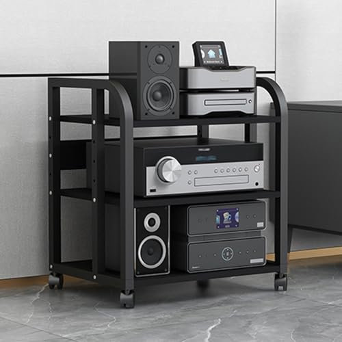 Audio Rack HiFi Regal Audiokomponenten-Rack/Tower Media Stereo Stand, Hochbelastbar Schwarz Modern Elektronik Geräteaufbewahrung mit höhenverstellbarem Regal und Rädern, für Lautsprecher/DVD-Player(S
