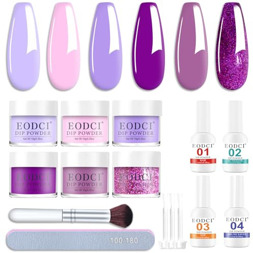 EODCI Kit Olandese Nail Dip Powder 6 Colori Viola Glitter Set con Liquid Base Attivatore Top Gel Accessori DIY & Casa