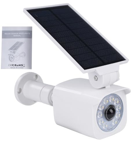 Telecamera finta da esterno Telecamere finte da esterno Faretti solari a led da esterno Faro led esterno con sensore movimento 360° Pannello solare girevole a 120° 5V/1,5W 2200mAh IP65 Bianco.