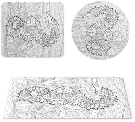 EHOMERY Mauspad Klein Dünn Large Mouse Mat Doodle-Seepferdchen Mauspad Dünn Mousepad Orientteppich Für Die Schreibtischdekoration - 3 Pack [30x80 cm, 20x24 cm and Dia 20 cm]