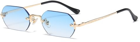QVKUUT Rechteckig sonnenbrille rahmenlose sonnenbrille Mode Retro Rechteck Brille für Damen Herren (Gold/Hellblau, Hellblau)