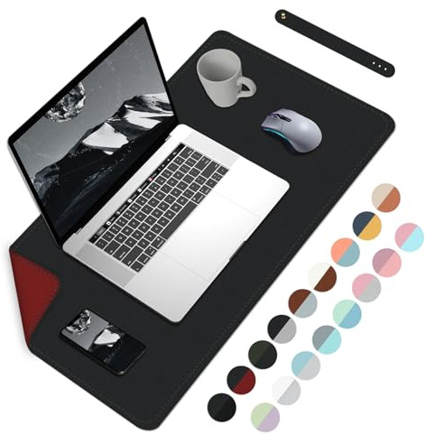 Doppelseitige Schreibtischunterlage, Wasserdichte Schreibtischunterlage Tischschutz, Leicht zu reinigen Laptopmatte Großes Mauspad Leder Schreibunterlage mit Wildleder-60cmx 35cm, Schwarz+Rot