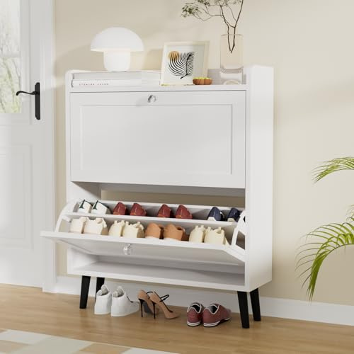 VOWNER Schuhschrank mit 2 Klappen, Schuhregal Schuhkipper Weiß 80x24x100cm | Schuhkipper Schmal mit 4 Fächern, Verstellbar & Anti-Kipp für Flur