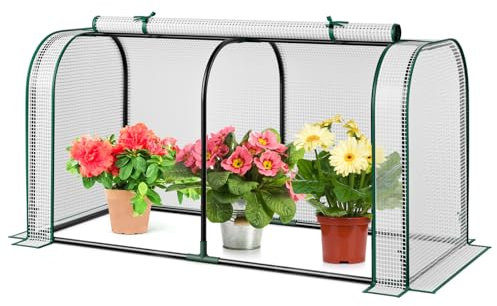 TANGZON Mini Tunnel Greenhouse, Small Garden Green House with Zippered Roll-up Door & PE Cover, Portable Grow House for Plants Flowers Herbs Vegetables (White, 118 x 55 x 60 cm)