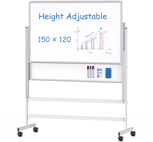 maxtek Grand Tableau Blanc Mobile 150x120 cm, Whiteboard Magnétique Roulettes Réglable en Hauteur, White Board Effacable avec 2 Panneaux Double Face 120x75cm, Whiteboards sur Pied Cadre en Aluminium