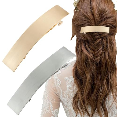 Pinces à cheveux plates pour cheveux fins - Grandes barrettes pour filles - Tendance - Rectangulaire - Métal doré argenté - Barrettes à cheveux françaises - Accessoires pour femmes et filles