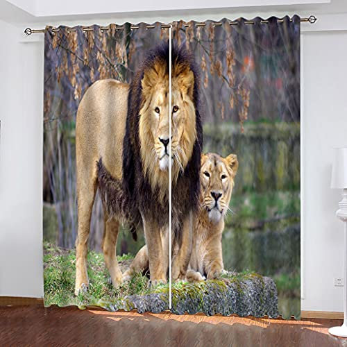 MAYNUO Blickdichte Vorhänge Mit Motiv 3D Tiere Löwe Und Tiger Kinder Gardinen Ösen Gardine Thermo 280x160 cm Schlafzimmer Kinderzimmer Vorhange Dekoratives Muster, Verdunklungsvorhänge