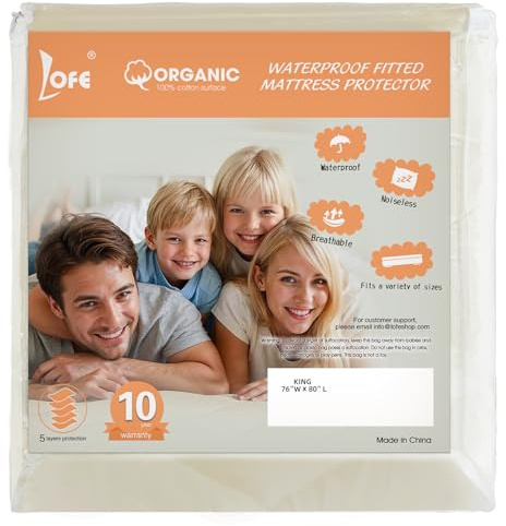 Lofe Organic Cotton King Mattress Protector - Top&Side 100% Waterproof Mattress Protectors, Breathable Organic Mattress Protector, Noiseless King Mattress Protectors Waterproof 80x76x17 in