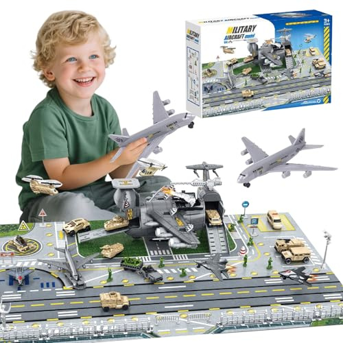 Ensemble de Jouets d'avion Jouet Militaire pour Enfants,Voiture Jouets avec Véhicule Hélicoptère Combat Modèle Figurines, Carte et Panneau de Signalisation pour Garçons et Filles de 3 ans et Plus