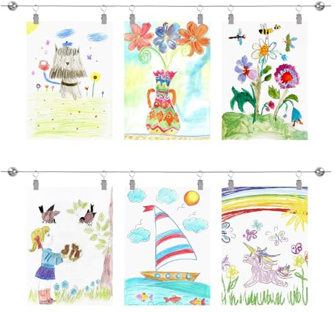 UFURMATE Kit di fili per appendere opere d'arte per bambini, 2 set di fili per appendere quadri, con clip, regolabile, decorazione da parete per bambini, disegni e foto (2 m x 2)