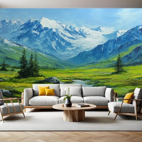 Blu Fotomurale da Parete 250 x 175 cm Paesaggio di montagna innevata con erba verde Carta da parati TNT Murale 3D Moderna Poster Gigante Design Carta per Pareti Soggiorno Camera de Letto Sala Ufficio