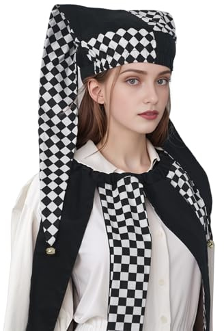 FAD-4U Jester Hat with Bells Black and White Harlequin Diamond Pattern for Halloween Christmas Costume Accessory Black and White