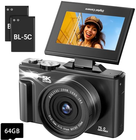 5K Digital Camera for Photography - 75MP Autofocus Vlogging Camera with 64GB SD Card, WiFi, 18X Zoom 3 180° Flip Screen Compact Travel Camera with 2 Batteries for Teens and Beginner