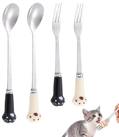 4-Piece Dog Food Scoop Dog Food Fork Set - Cute Cat Paw Spoon & Fork for Dogs Cats, 2 Spoons + 2 Forks (Beige & Black) Perfect for Wet/Dry Pet Food Feeding