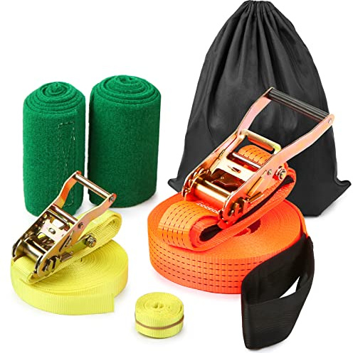 Kit Slackline da 15 m con linea di allenamento per braccia e alberi protettivi, guanti da lavoro a cricchetto, borsa per il trasporto, per esterni, cortile, famiglia, divertimento, adulti e bambini