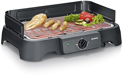 Severin Elektrogrill, Temperaturen 35-200 Grad Celsius, schnelles Aufheizen, 38x22 cm, Tischgrill mit Auffangschale, Edelstahl-Grillrost, Balkongrill, einfache Reinigung, 2000W, schwarz, PG 8593