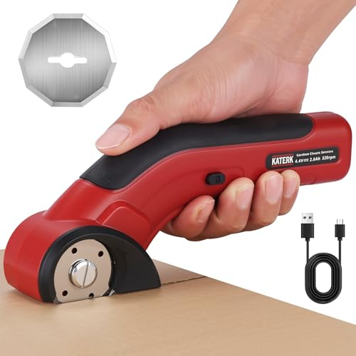 Katerk Coupe-carton électrique sans fil 4,4 V avec 2 lames auto-affûtantes, rechargeable par USB, verrouillage de sécurité, puissant cutter rotatif pour tissu, tapis et plastique