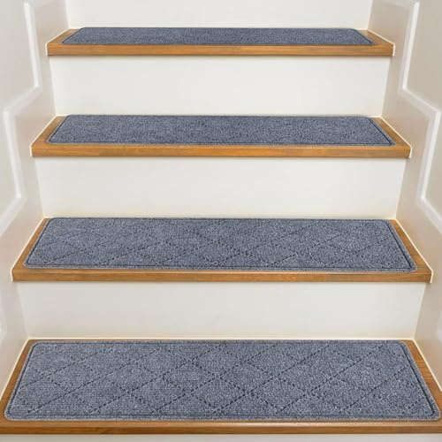 KOOTETA Teppich-Treppenstufen, rutschfest, 20x76cm (15 Pack), Teppich-Treppenläufer, wiederverwendbarer Klebstoff für alle sauberen, glatten Treppen, Stufenschutzmatte für Kinder, Grau