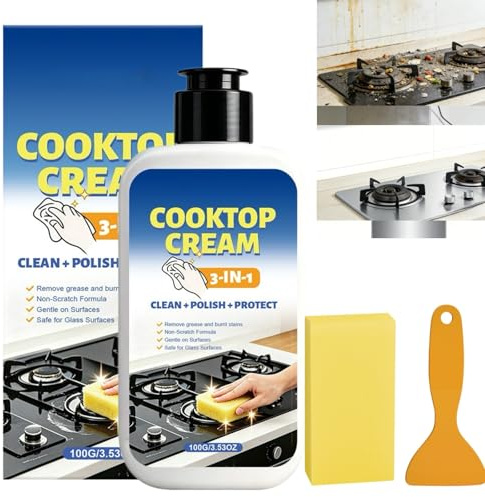 100g Induction Hob Cleaner Kit for Glass Ceramic Cooktops,Quick Cleaning Polish&Fresh Scent Hob Cleaner with Scraper,Non-Scratch Pad for Long-Lasting Care,Removes Stains Without Damaging Surface