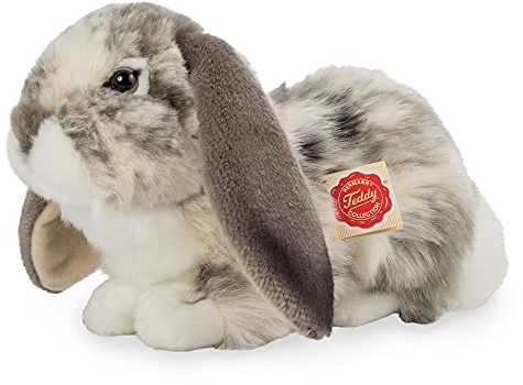 Teddy Hermann 93797 Widderkaninchen liegend grau-weiß 30 cm, Kuscheltier | Naturgetreu gestaltet, liebevoll ausgearbeitete Details, ab 18 Monaten, waschbar, Füllung mit recyceltem Polyester