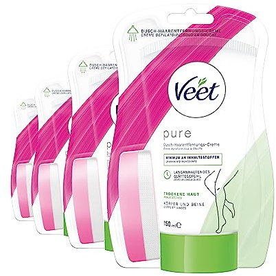 Veet Pure Dusch-Haarentfernungscreme für Körper, Arme & Beine - Enthaarungscreme für die Dusche, für trockene Haut - 4x150 ml inkl. Schwamm