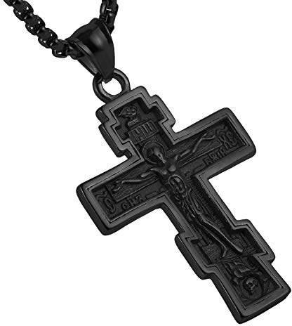 HZMAN Vintage Orthodox Cross Crucifix Stainless Steel Pendant Necklace 22+2 Inches Chain, Colour Silver Gold Black
