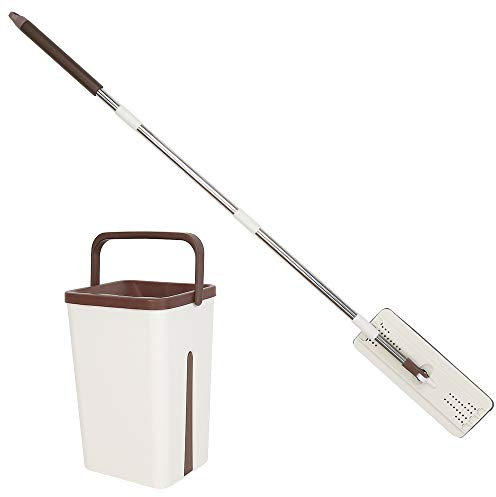 Flyelf Mop Piatto con Secchio 360°Rotazione, Secchio con 2 Camere, Elution per Doppio Uso, con 2 Microfibra Mat