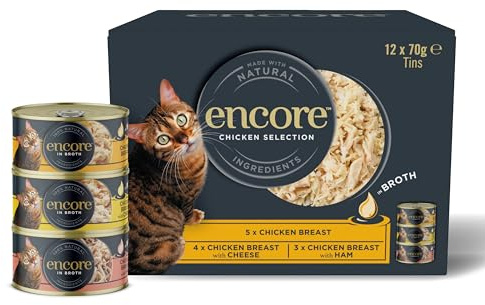 Encore 100% Natural Wet Cat Food, Multipack Chicken Selection in Broth (Pack of 12 x 70g Tins)