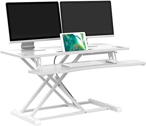 bonVIVO Sit-Stand Workstation, Höhenverstellbarer Schreibtisch-Aufsatz Mit Integrierter Gasfeder, Sitz-Steh-Schreibtisch Aufsatz Für Bürotisch & Computertisch, Stehtisch Schreibtisch Erhöhung, Weiß