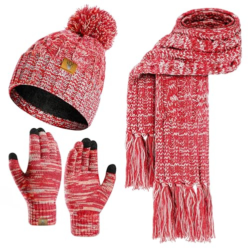 INSISMY Mütze Schal Handschuhe Set Damen Strickmützen mit Pompon, 3 Stück | Beanie Mütze Damen mit Bommel und Fleecefutter, Touchscreen Handschuhe für Smartphones, Strick Winterschal mit Fransenbesatz