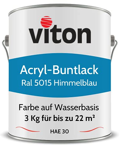 Viton Buntlack 3 kg Blau - Seidenmatt - Wetterfest für Außen und Innen - 3in1 Grundierung & Lack - HAE 30 - Nachhaltige Farbe auf Wasserbasis für Holz, Metall & Fliesen - RAL 5015 Himmelblau