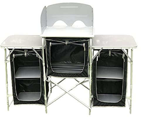 Outdoor Küche Camping Schränke Tragbarer Klappbarer Camping-Küchentisch Im Freien, Camping Beach BBQ Picknick 2-stöckiger Kochtisch, Schrank Mit Aufbewahrungstaschen Und Windschutz