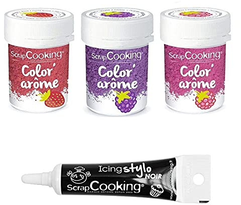 3 colorantes alimentarios con aromas de frambuesa, mora y fresa + tubo de glaseado negro