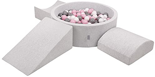 KiddyMoon Spielplatz Aus Schaumstoff Mit Rund Bällebad (300 Bälle) Ballgruben Für Babys Spielbad Hindernisläufen, Hergestellt In Der EU, Hellgrau:Weiß/Grau/Puderrosa