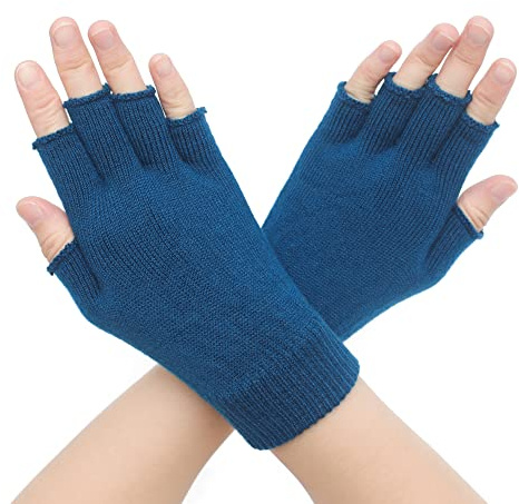 ZLYC Guanti invernali da donna senza dita in lana lavorata a maglia mezze dita guanti elasticizzati, Blu tinta unita, taglia unica