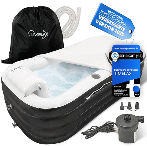 TIMELAX® Badewanne Aufblasbar [Ergonomische Rückenlehne] 0,5mm starkes PVC | BPA Frei Faltbare Mobile Freistehende Aufblasbare Badewanne für Erwachsene und Dusche Bathtub