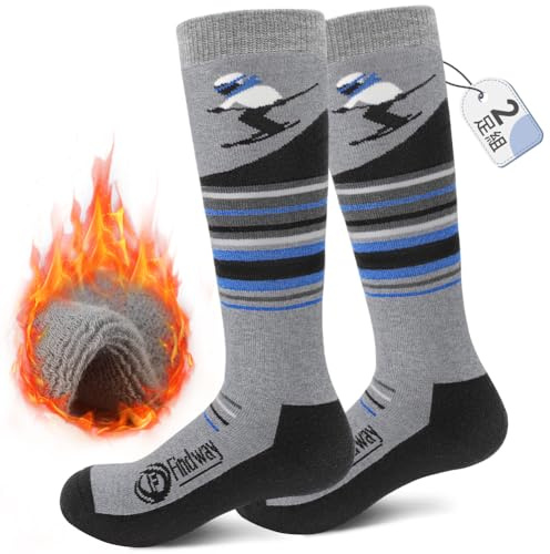 Findway Kids Ski Socks, Kids Thermal Socks Merino Wool Knee High Warm Socks Boys Snow Socks Soft Breathable Warm Thick Outdoor Long Ski Socks for Skiing Skating Snowboarding, 2 Pairs/3 Pairs