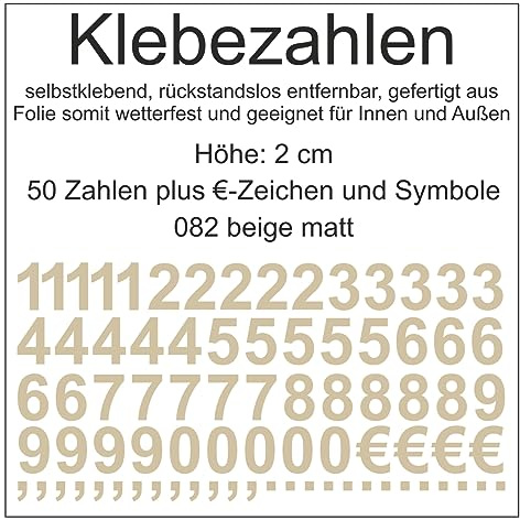 Aufkleber Sticker Klebezahlen Klebezahl Zahlen Zahl Nummern aus Folie 50 Zahlen beige matt Höhe 2 cm selbstklebend wetterfest Nummerierung Preisauszeichnung Beschriftung Modellbau verzieren