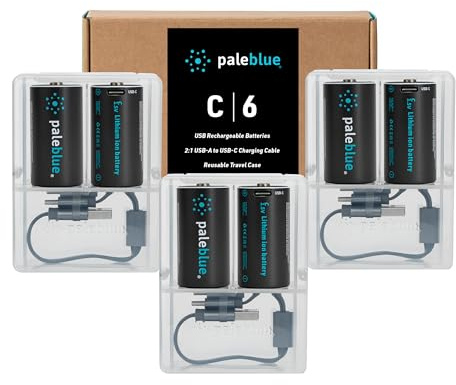 Rechargeable C Batteries with USB Charger by Pale Blue, Lithium Ion 1.5v 2800 mAh, Charges Under 3.5 Hours, Over 1000 Cycles, 2-in-1 USB to USB-C Charging Cable, LED Charge Indicator, 6-Pack