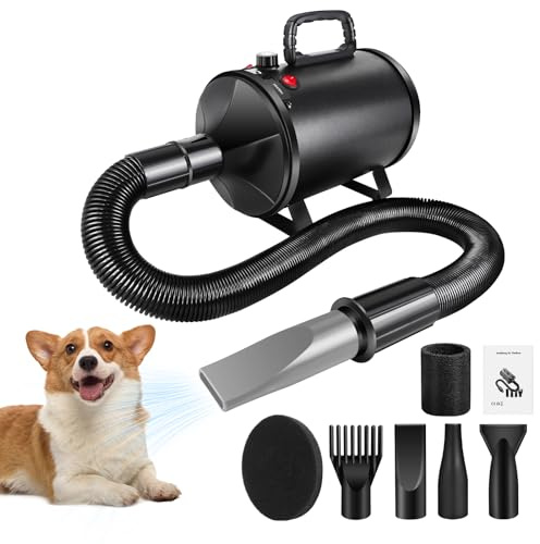 Xinng 2800W Souffleur chien Sèche-Cheveux sec pour Animaux, Pulseur Professionnel, Séchoir Toilettage, 4 Buses, Tuyau Élastique 2,3 m