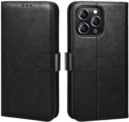 LETREEN Mobiltelefonfodral för iPhone 15 Pro-fodral, premium äkta läderskyddsfodral, [RFID-blocker] [kortfack] [stativfunktion], stötsäkert skyddsfodral vikbart fodral, svart