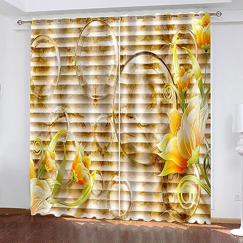 Skcess Gardinen Wohnzimmer, Gardinen Goldbraun Blühende Blumen Vorhang Polyester Gardinen 2er Set 107x214cm(WxH)