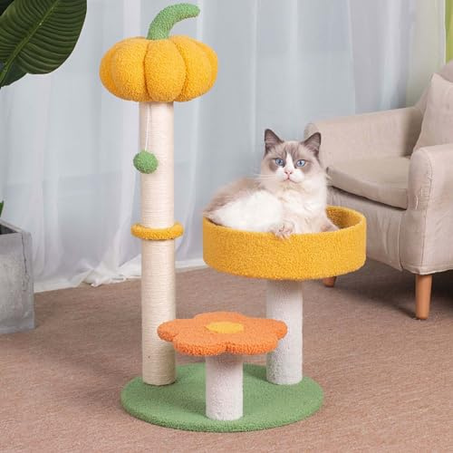 MODUSKYE Poste rascador para gatos, torre de árbol para gatos, calabaza amarilla, naranja, flor, cama para gatos de 29.5 pulgadas, nido para gatos con juguetes de juego para gatos, acogedor y