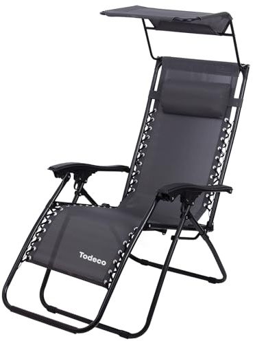Todeco Tumbona Plegable Jardín con Toldo, Silla Gravedad Cero Reclinable con Respaldo Ajustable para Patio, Camping, Terraza y Piscina, Carga máxima 100kg, Gris