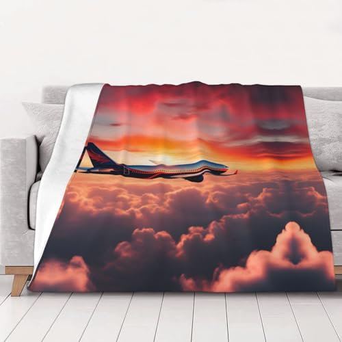 MDATT Große Fleece-Überwurfdecke mit Flugzeug-Sonnenuntergängen, Himmel-Druck, 152,4 x 203,2 cm, Plüsch-Flanell-Decken für Sofa, Couch, Bett