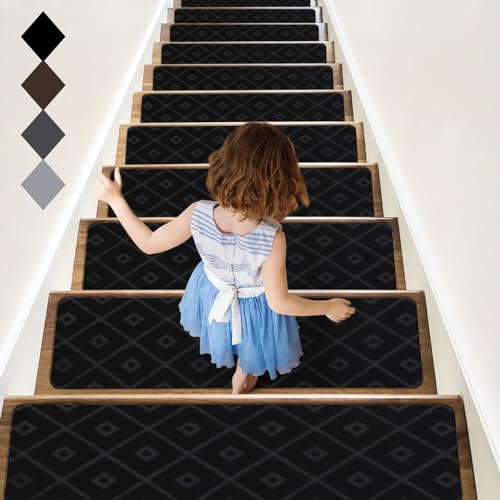 RIOLAND Non-Slip Carpet Stair Treads for Wooden Steps, 15 Pack Indoor Stair Runner with Reusable Adhesive Modern Anti Moving Safety Stair Rugs for Kids Dogs & Elders, 8 X 30, Rhombus Black