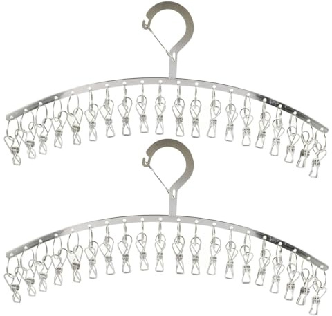 PRETYZOOM 2 Pack Laundry Drying Rack with 20 Clips, Stainless Steel Clothes Hanger, Windproof Drying Rack for Socks, Underwear, Scarves, Diapers