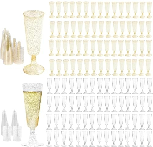 JMIATRY 100 Copas Plastico Duro 160 ml, Copas de Champán de Plástico, Copas de Vino de Plástico reutilizable para Bodas, Cumpleaños, Fiestas, Polvo de plata y oro