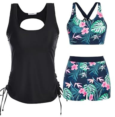 JASAMBAC 3-delad tankini för kvinnor, push-up bikiniöverdel och badshorts med hög midja, enkla badkläder, sportbaddräkt, badmode för strand, pool, Blad och rosa blommor, M